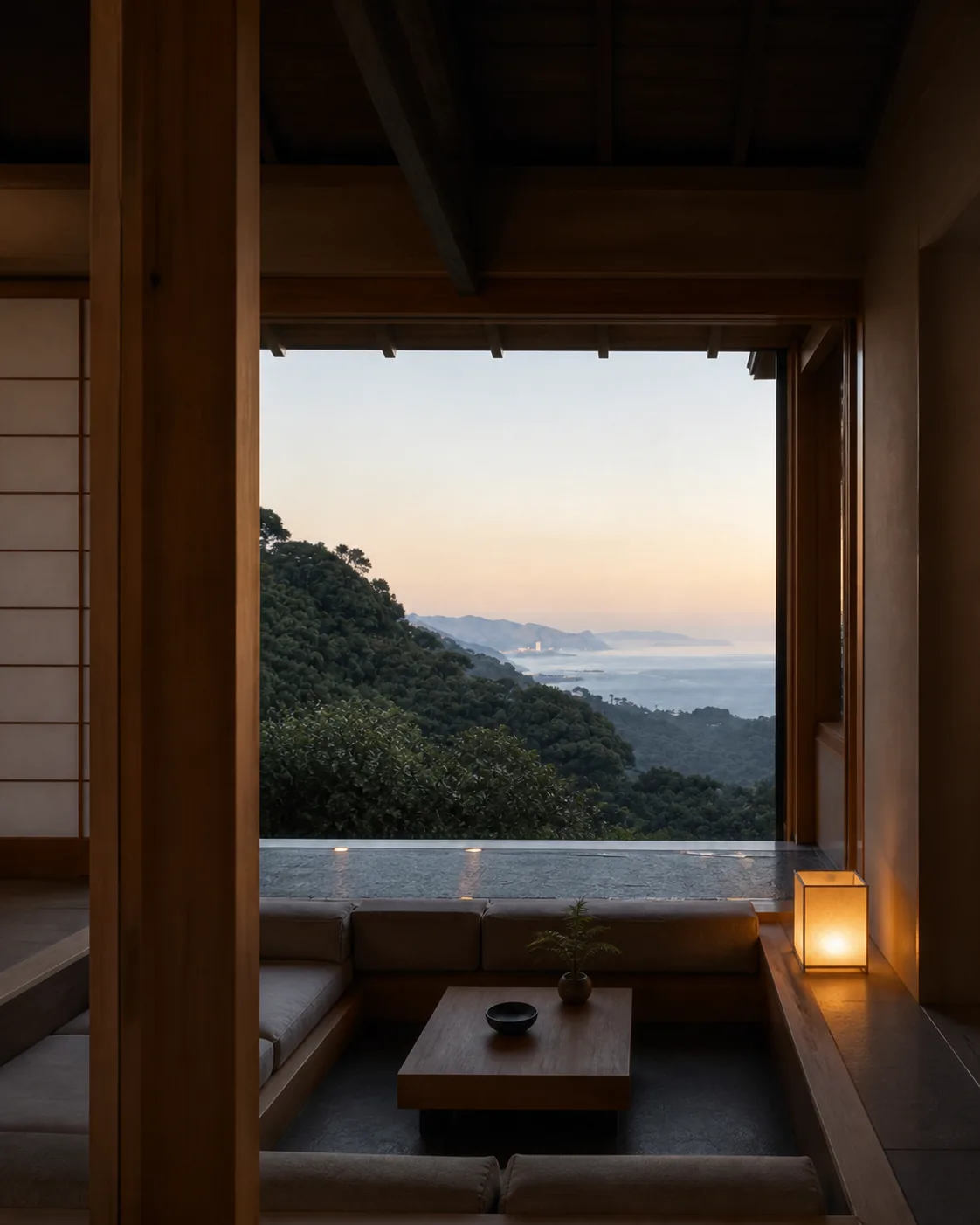 海を望む縁側で朝のお茶を楽しむイメージ