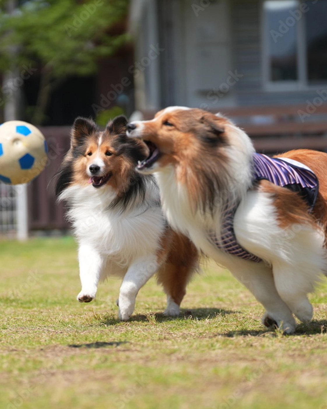 青空の下、緑鮮やかな芝生のドッグランを愛犬が自由に走るイメージ
